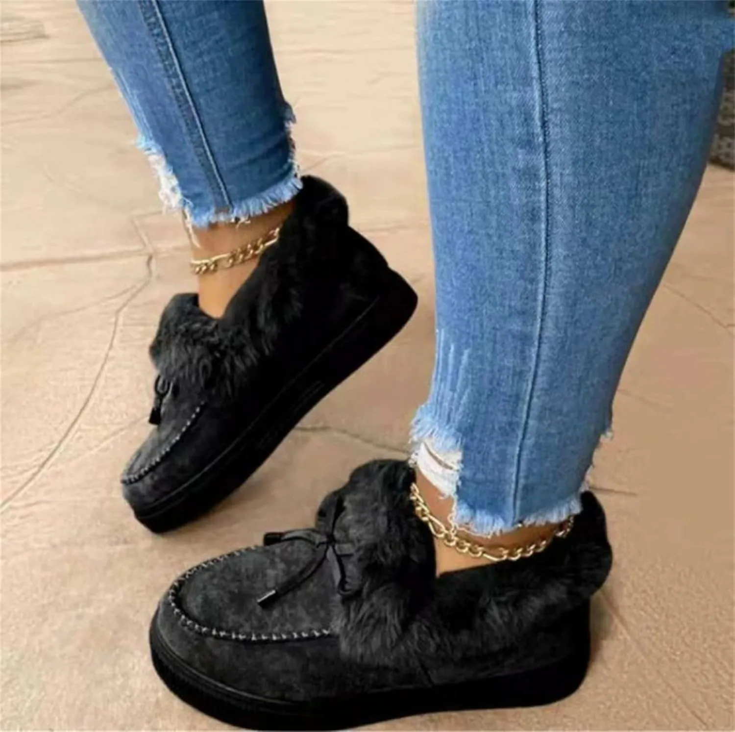 Lausiuoe Boots For Women Ankle Booties Winter Warm Snow Fuzzy Flat Loafers Cute Silp On Comfortable Casual Walking Shoes