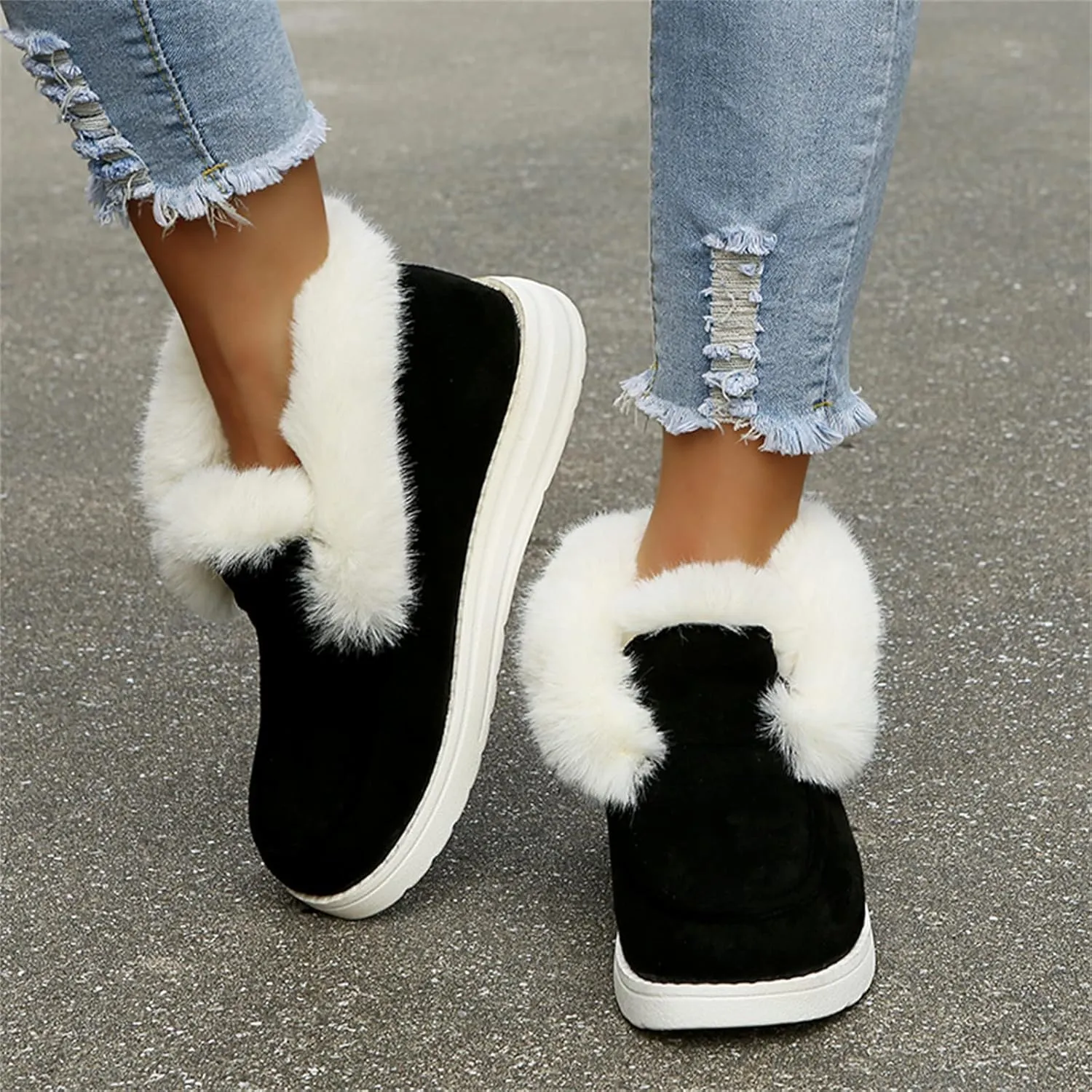 Lausiuoe Cute Winter Boots For Women Fashion Snow Boots Classic Fuzzy Fur Lining Slip On Ankle Booties Warm Loafers Shoes