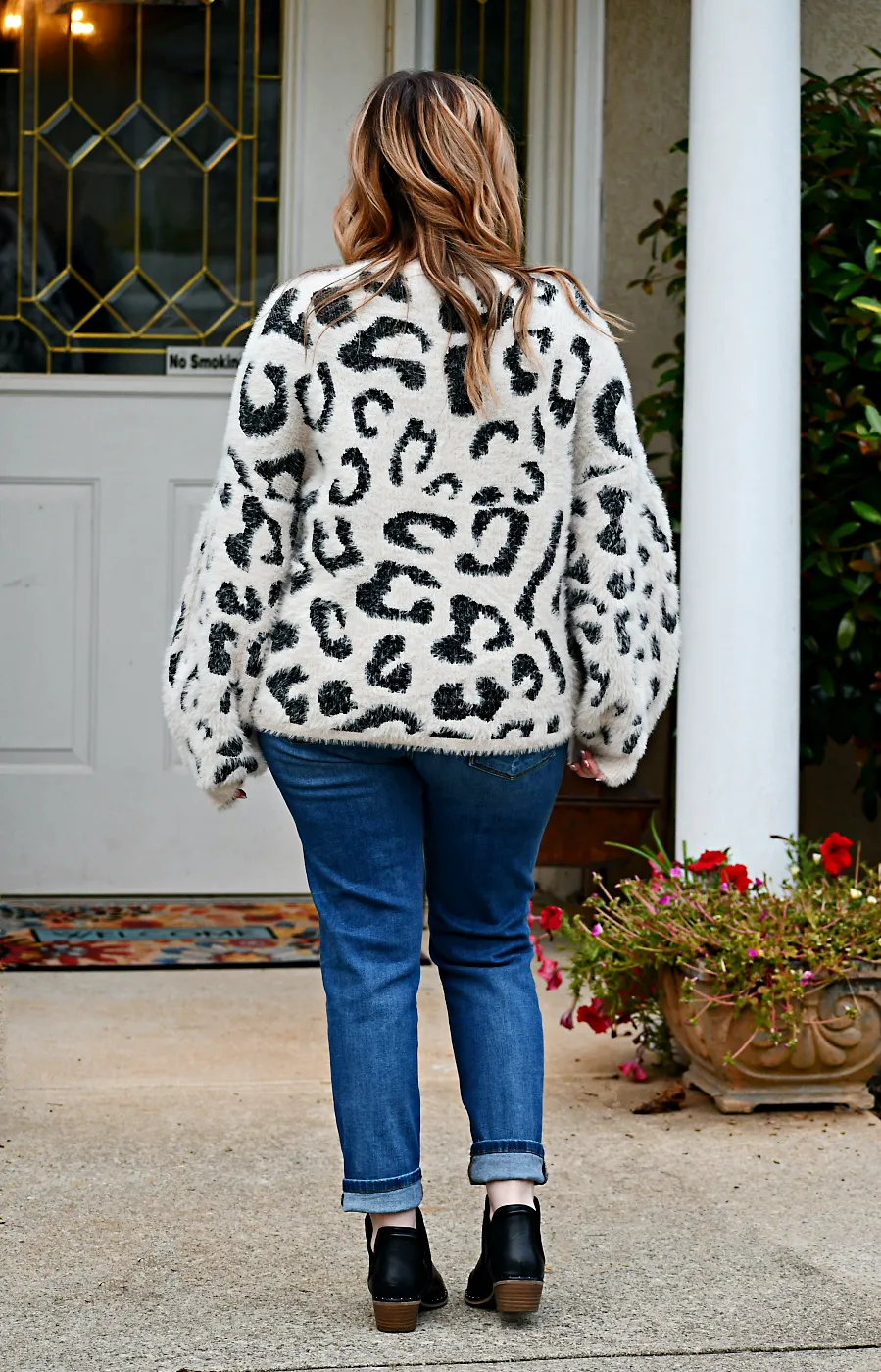 Long Balloon Sleeve Eyelash Leopard Sweater in Oatmeal