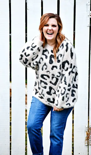 Long Balloon Sleeve Eyelash Leopard Sweater in Oatmeal