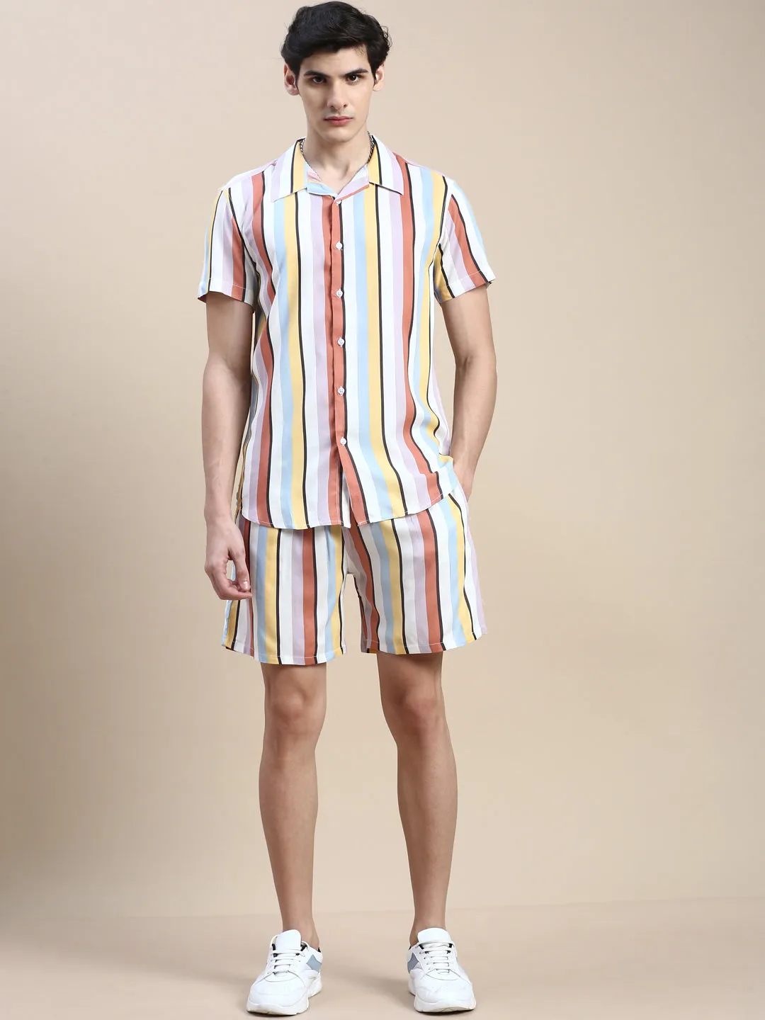 Men Multi Striped Co Ords Set with Shorts