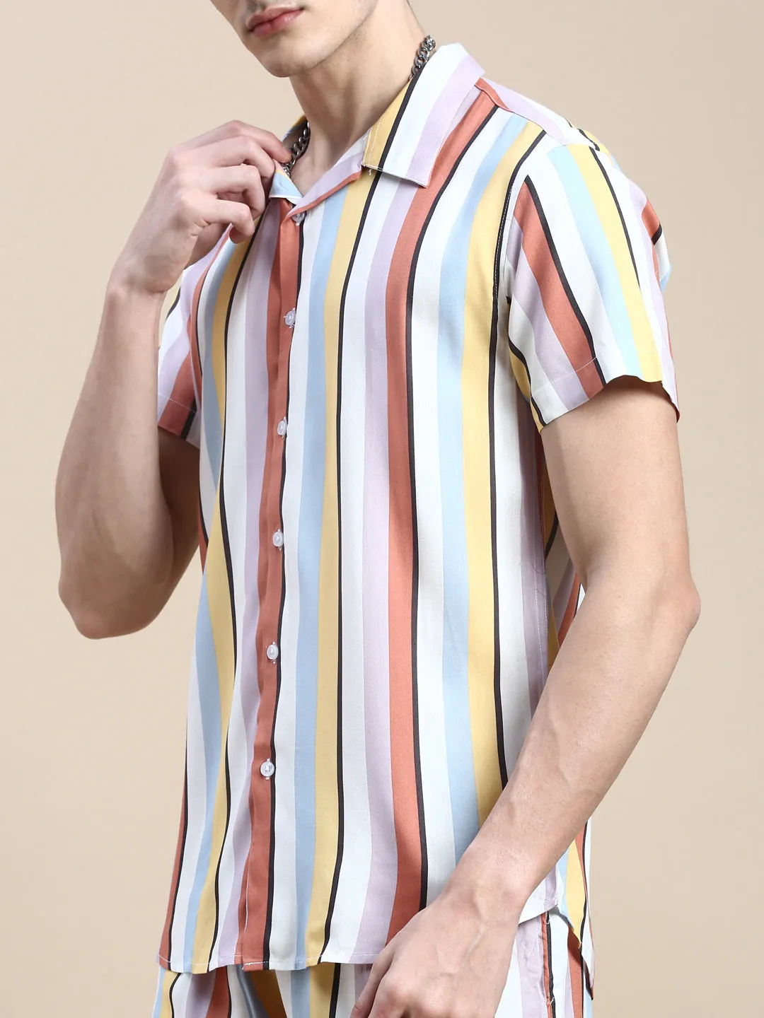 Men Multi Striped Co Ords Set with Shorts