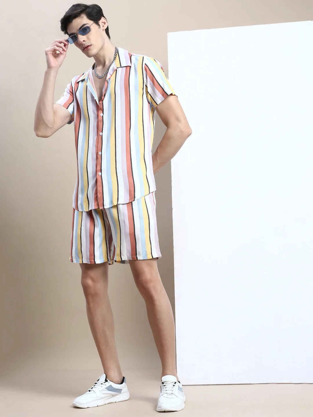 Men Multi Striped Co Ords Set with Shorts