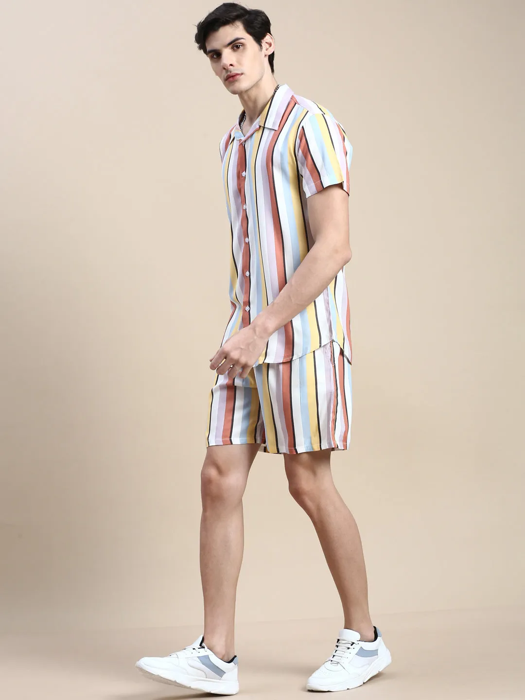 Men Multi Striped Co Ords Set with Shorts