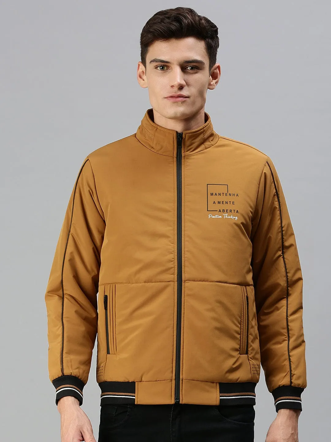 Men Mustard Solid Tailored Jacket with Patchwork