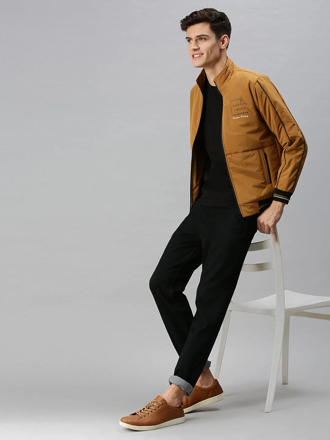 Men Mustard Solid Tailored Jacket with Patchwork