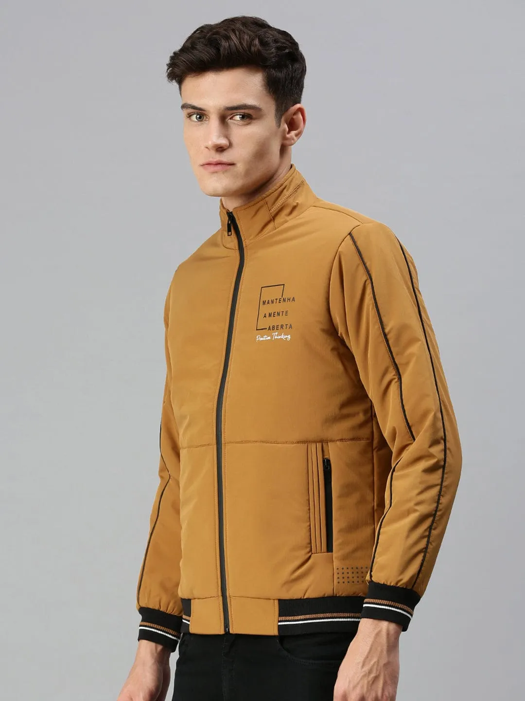 Men Mustard Solid Tailored Jacket with Patchwork