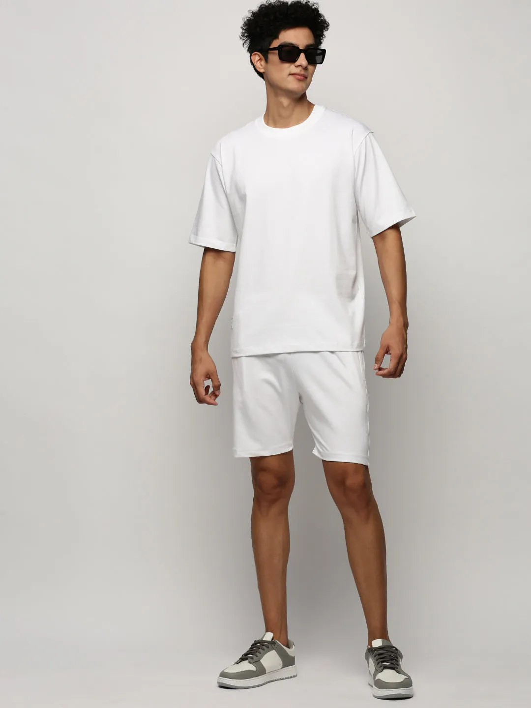 Men White Round Neck Co ords Set with Shorts