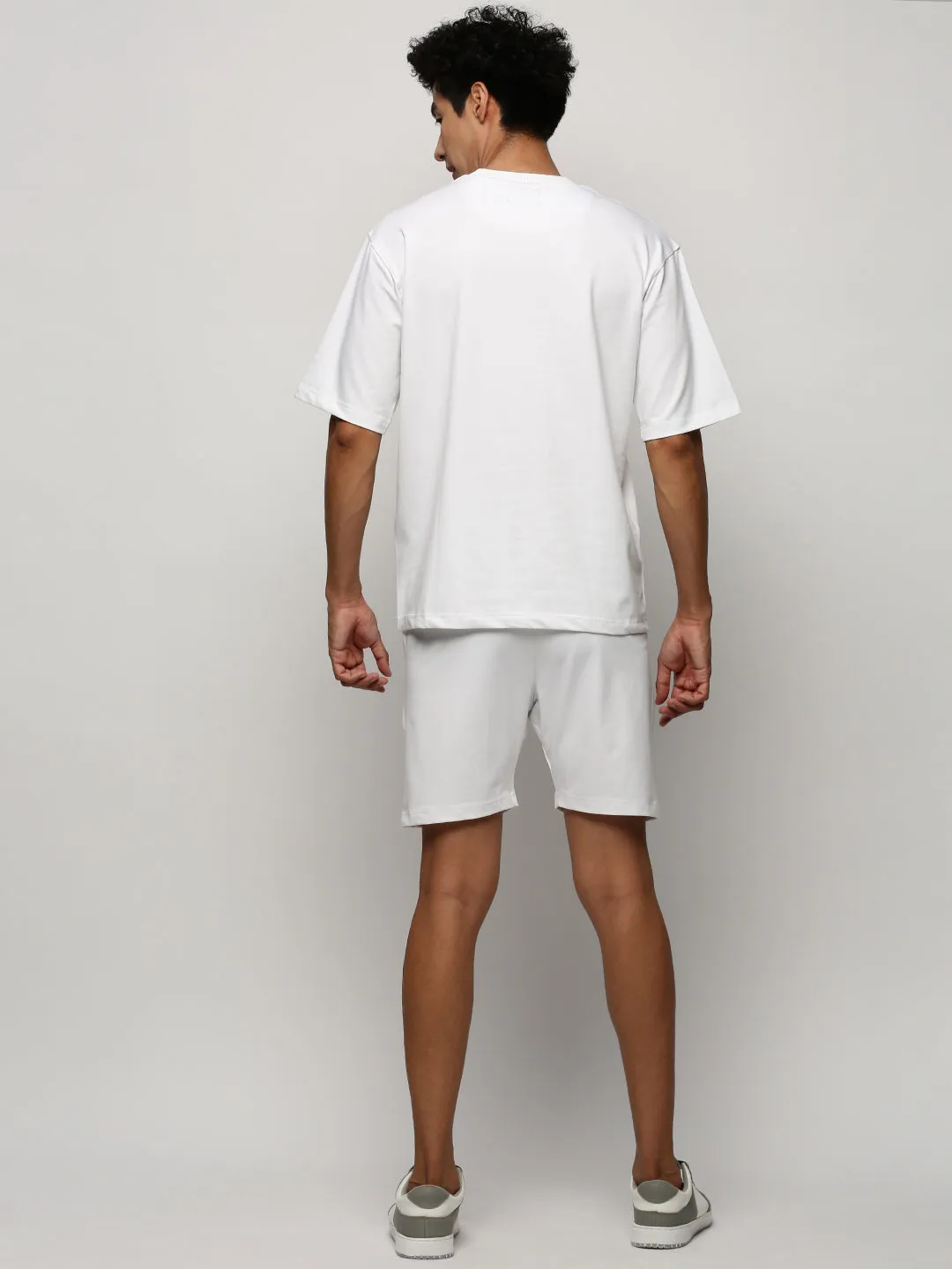 Men White Round Neck Co ords Set with Shorts