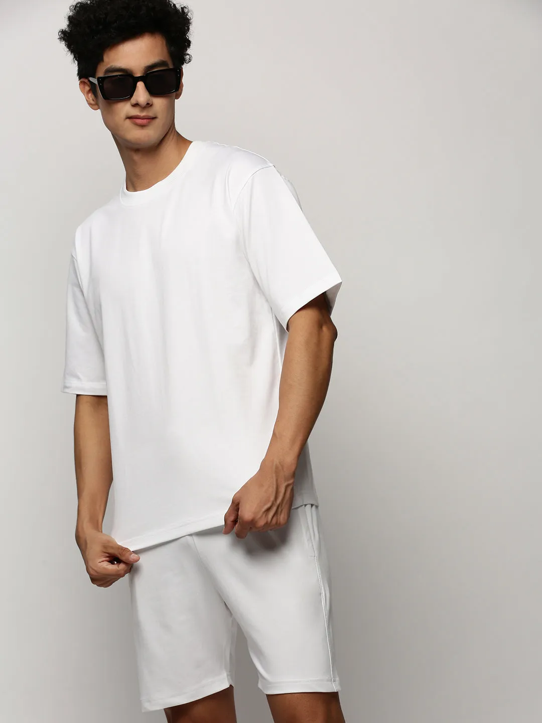 Men White Round Neck Co ords Set with Shorts