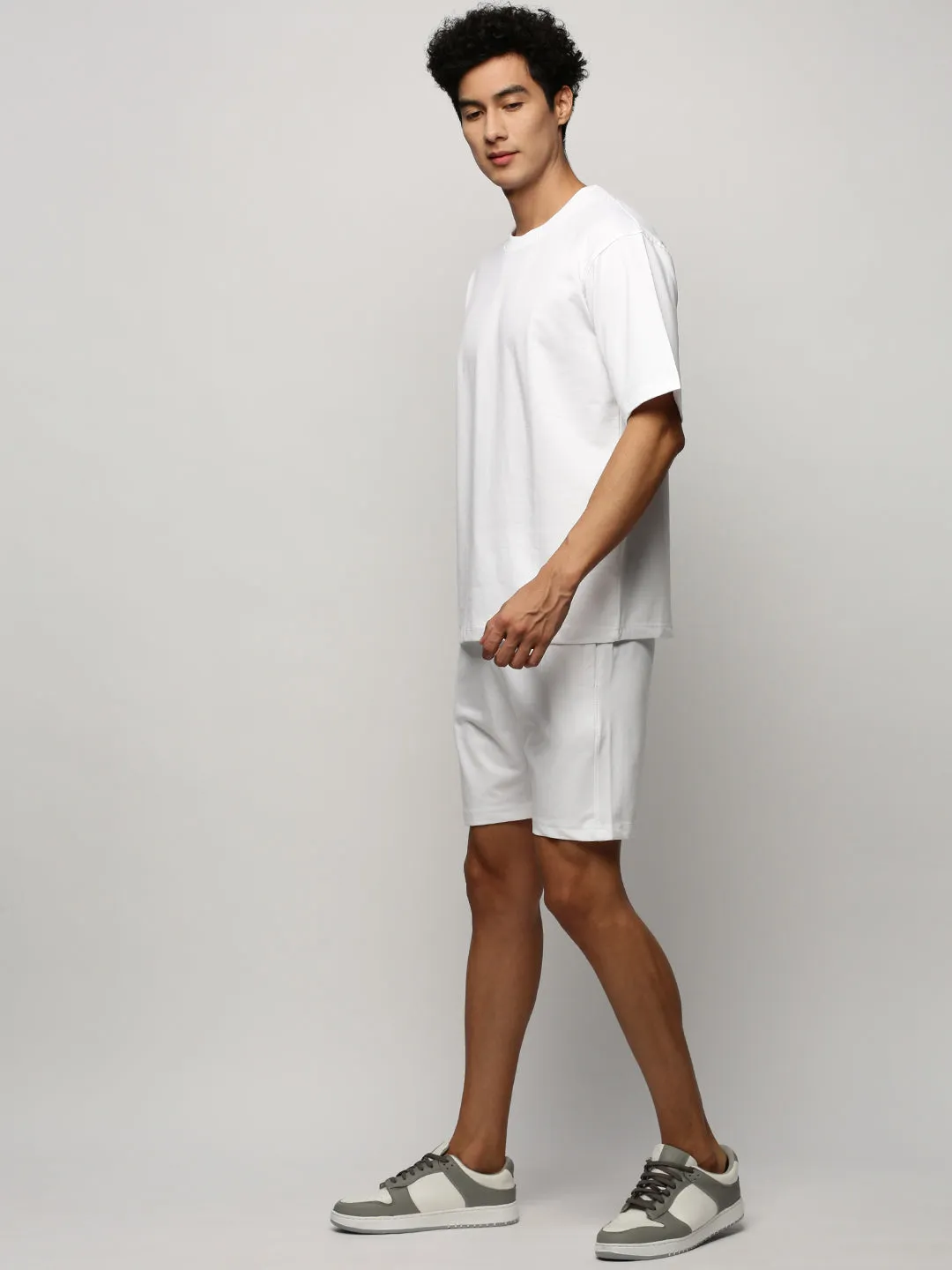 Men White Round Neck Co ords Set with Shorts