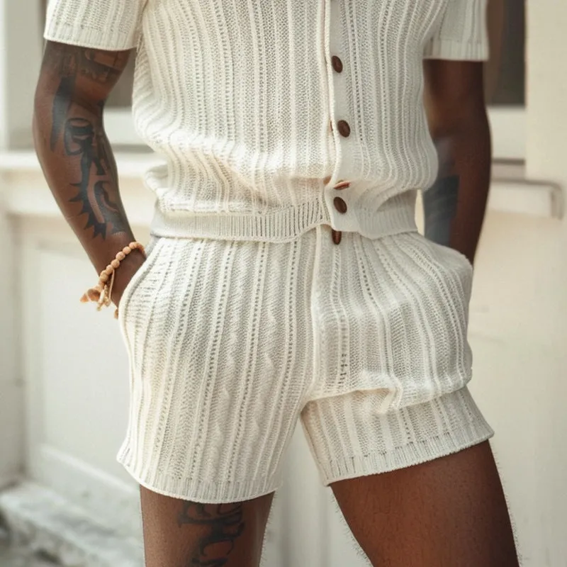 Mens Knit Shirt and Shorts Set  Slim Fit  Button-Up  Polo Collar  Elastic Waist