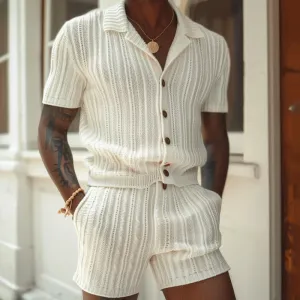 Mens Knit Shirt and Shorts Set  Slim Fit  Button-Up  Polo Collar  Elastic Waist