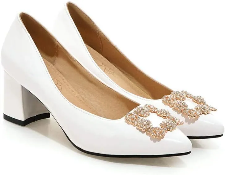 MIOKE Women's Fashion Rhinestone Chunky Mid Heel Pumps Pointy Toe Patent Leather Slip-On Wedding Dress Shoes