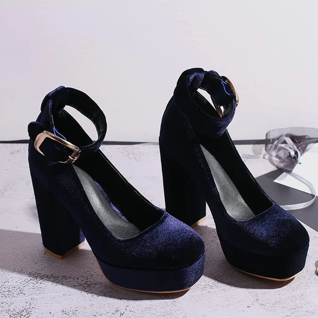 MIOKE Women's Platform Chunky High Block Heel Pumps Round Toe Comfort Buckle Strap Mary Jane Dress Shoes