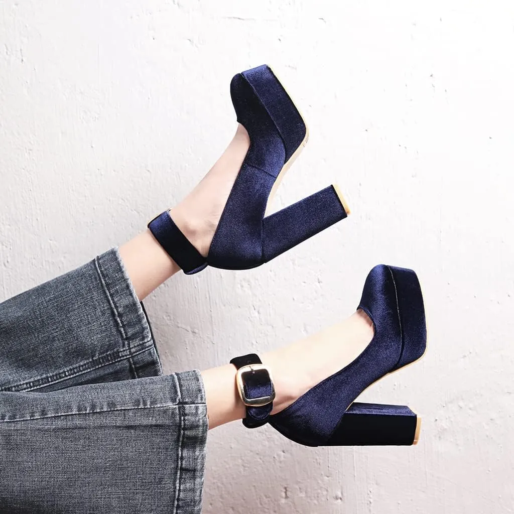 MIOKE Women's Platform Chunky High Block Heel Pumps Round Toe Comfort Buckle Strap Mary Jane Dress Shoes