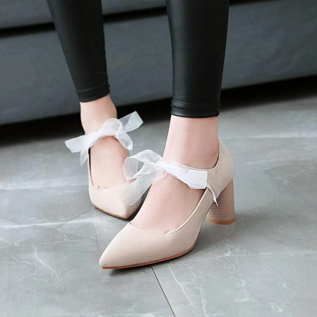 MIOKE Women's Pointed Toe Chunky High Block Heel Pumps Lace Up Suede Comfort Bridal Wedding Dress Shoes