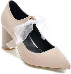 MIOKE Women's Pointed Toe Chunky High Block Heel Pumps Lace Up Suede Comfort Bridal Wedding Dress Shoes