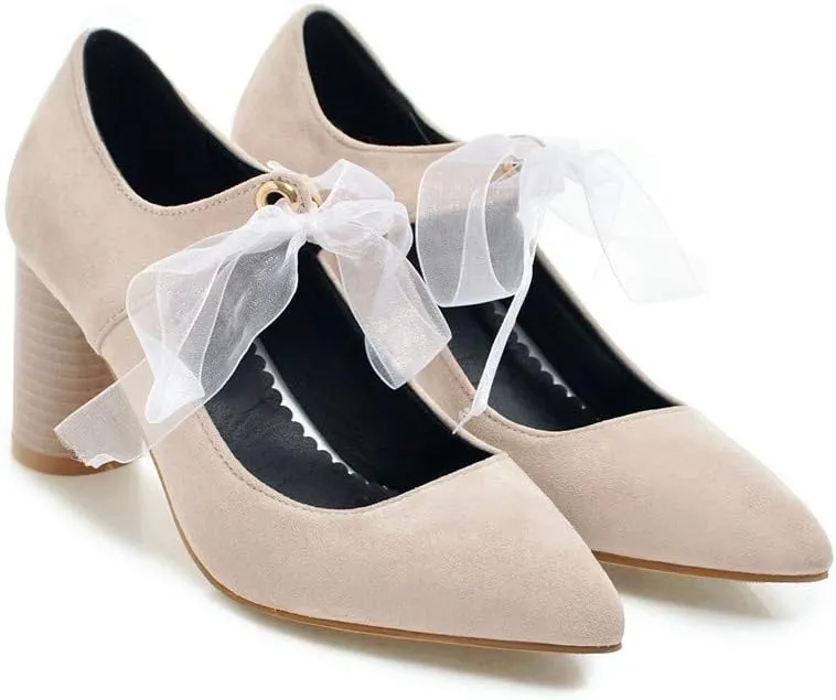 MIOKE Women's Pointed Toe Chunky High Block Heel Pumps Lace Up Suede Comfort Bridal Wedding Dress Shoes