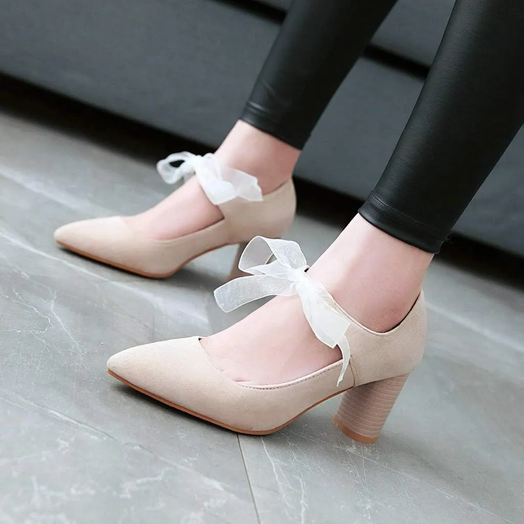 MIOKE Women's Pointed Toe Chunky High Block Heel Pumps Lace Up Suede Comfort Bridal Wedding Dress Shoes