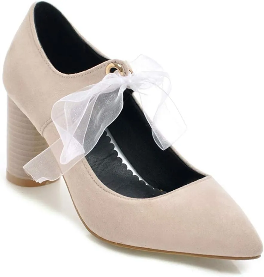 MIOKE Women's Pointed Toe Chunky High Block Heel Pumps Lace Up Suede Comfort Bridal Wedding Dress Shoes