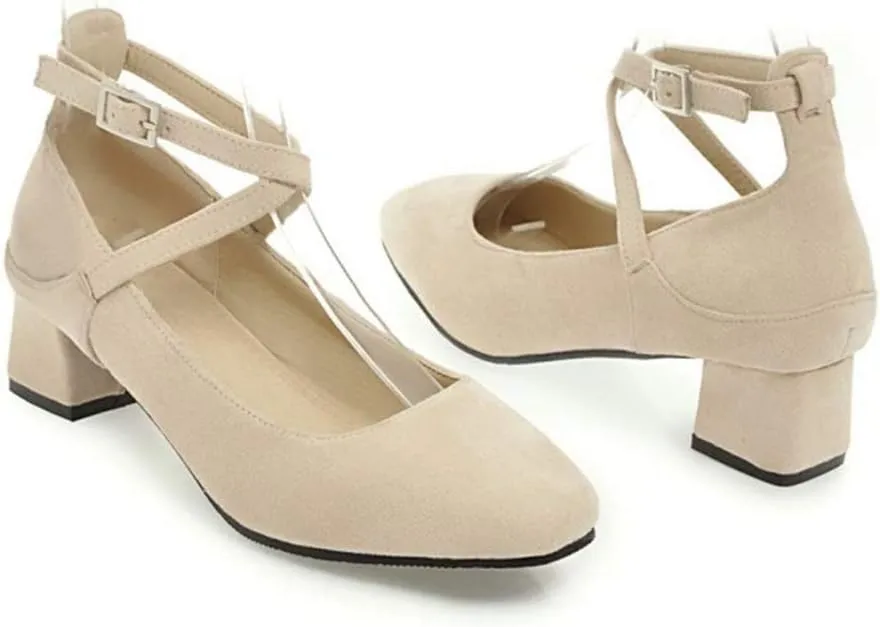 MIOKE Women's Square Toe Chunky Mid Block Heel Pumps Suede Cross Strap Comfort Mary Jane Elegant Dress Shoes