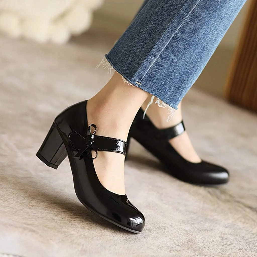 MIOKE Women's Square Toe Low Heel Mary Jane Pumps Pearl Buckle Strap Casual Comfort Wedding Dress Shoes