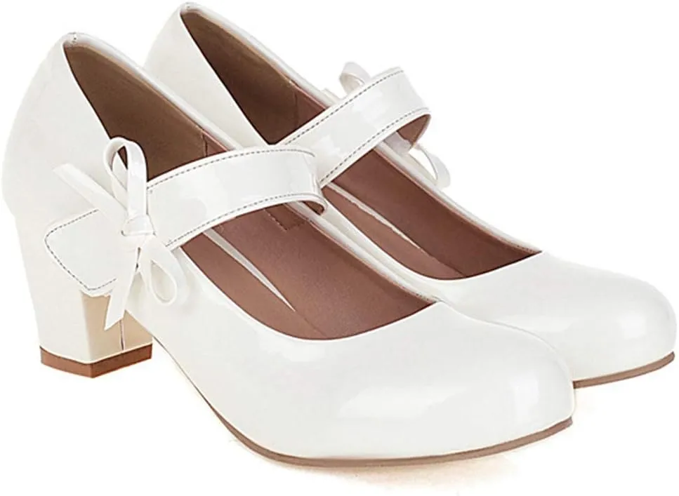 MIOKE Women's Square Toe Low Heel Mary Jane Pumps Pearl Buckle Strap Casual Comfort Wedding Dress Shoes