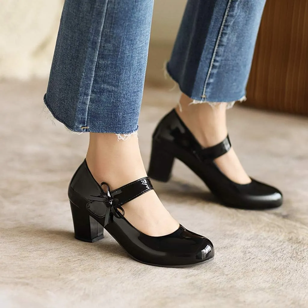 MIOKE Women's Square Toe Low Heel Mary Jane Pumps Pearl Buckle Strap Casual Comfort Wedding Dress Shoes