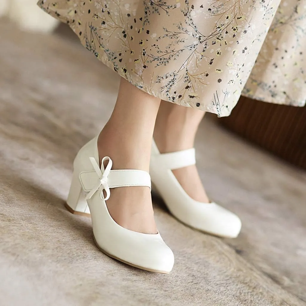 MIOKE Women's Square Toe Low Heel Mary Jane Pumps Pearl Buckle Strap Casual Comfort Wedding Dress Shoes
