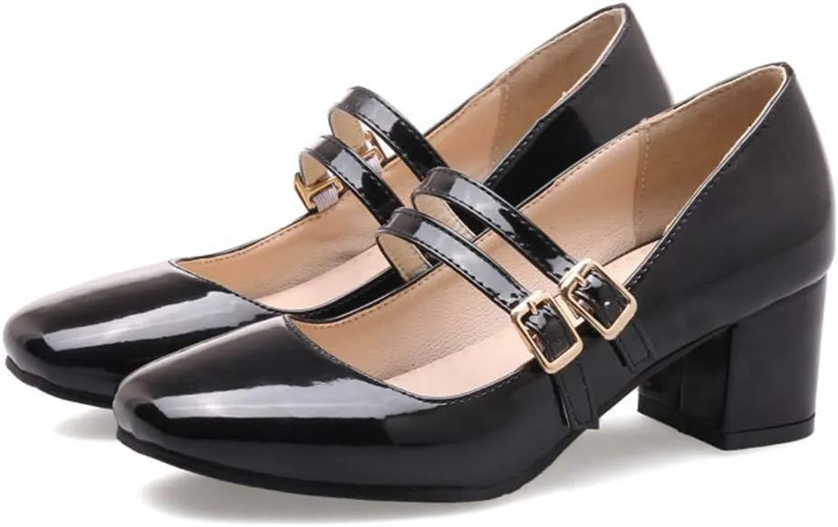 MIOKE Women's Square Toe Mary Jane Pumps Buckle Strappy Comfort Chunky Block Mid Heel Classic Dress Shoes