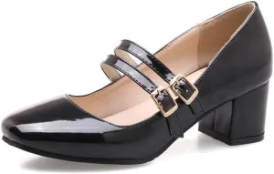 MIOKE Women's Square Toe Mary Jane Pumps Buckle Strappy Comfort Chunky Block Mid Heel Classic Dress Shoes