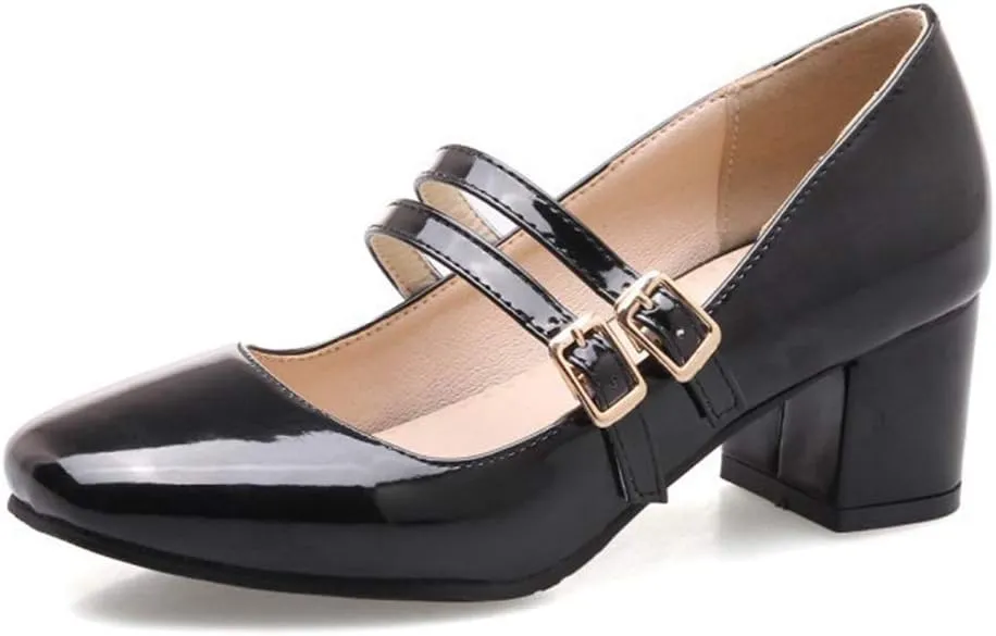 MIOKE Women's Square Toe Mary Jane Pumps Buckle Strappy Comfort Chunky Block Mid Heel Classic Dress Shoes