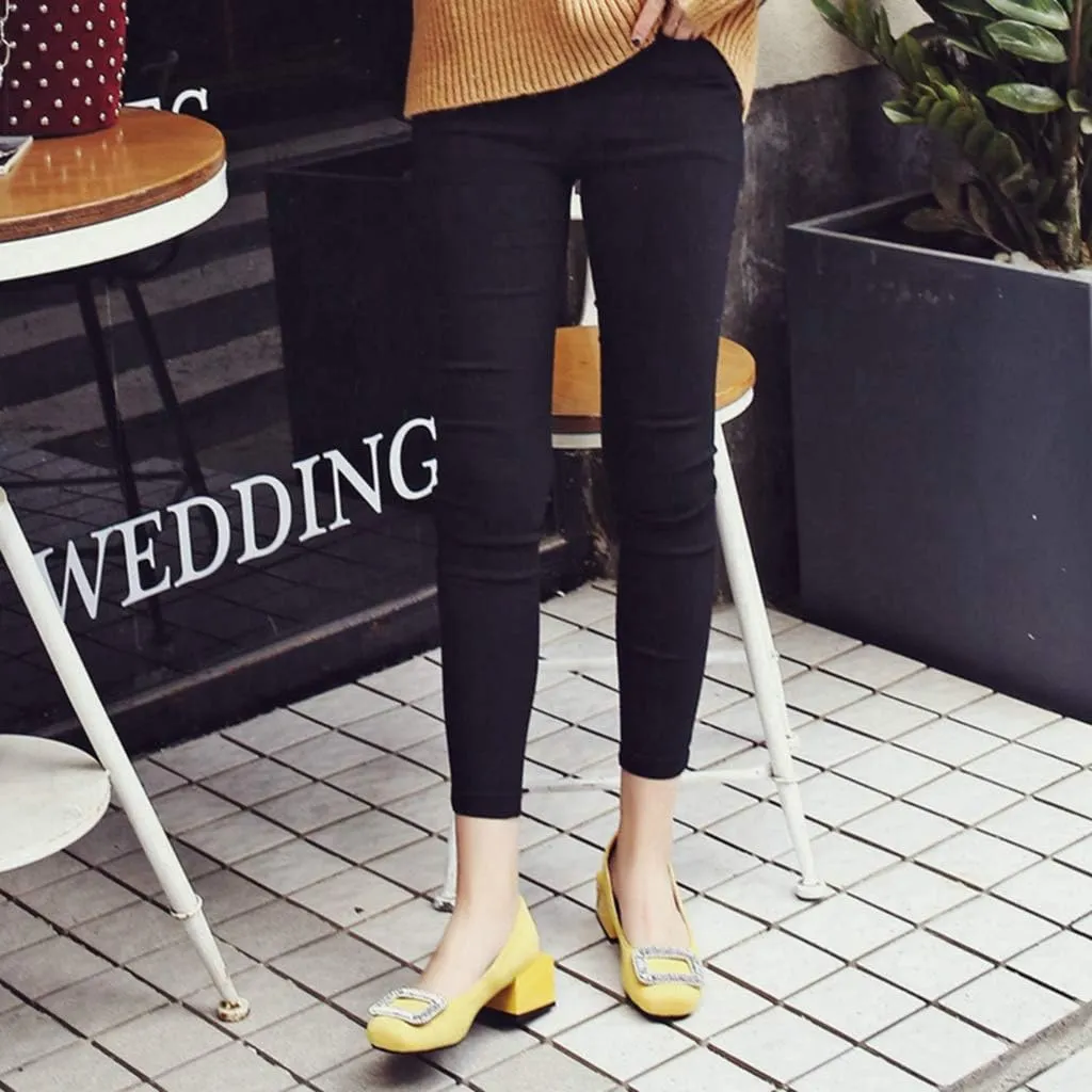 MIOKE Women's Square Toe Rhinestone Dress Pumps Retro Suede Slip-On Mid Heel Evening Party Wedding Shoes