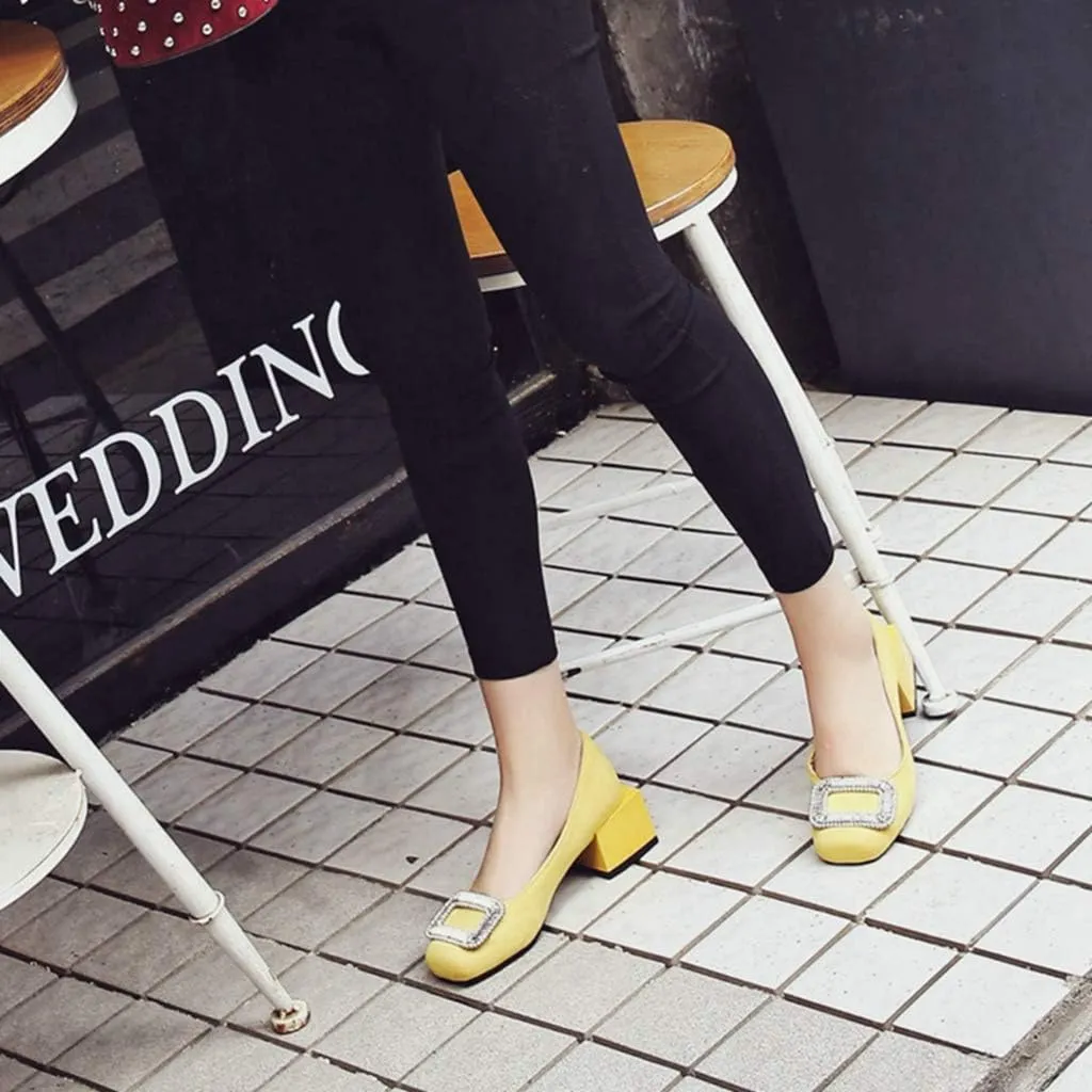 MIOKE Women's Square Toe Rhinestone Dress Pumps Retro Suede Slip-On Mid Heel Evening Party Wedding Shoes
