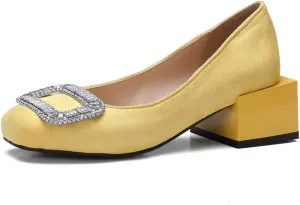 MIOKE Women's Square Toe Rhinestone Dress Pumps Retro Suede Slip-On Mid Heel Evening Party Wedding Shoes