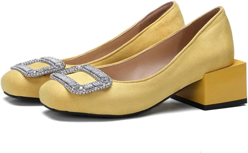 MIOKE Women's Square Toe Rhinestone Dress Pumps Retro Suede Slip-On Mid Heel Evening Party Wedding Shoes