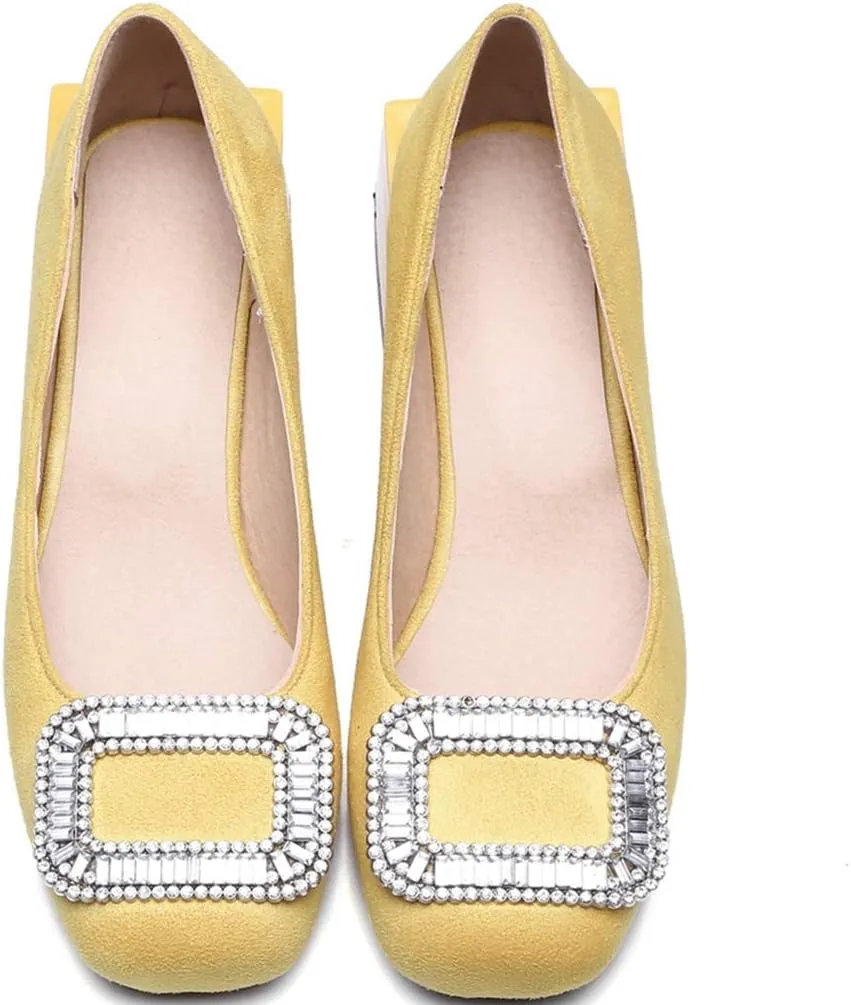 MIOKE Women's Square Toe Rhinestone Dress Pumps Retro Suede Slip-On Mid Heel Evening Party Wedding Shoes