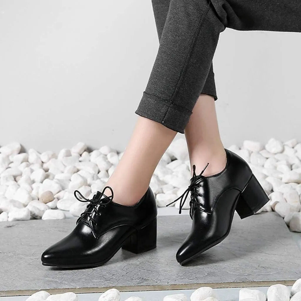 MIOKE Women's Vintage Lace Up Pump Oxfords Pointed Toe Chunky Block Mid Heel Brogues Office Dress Shoes