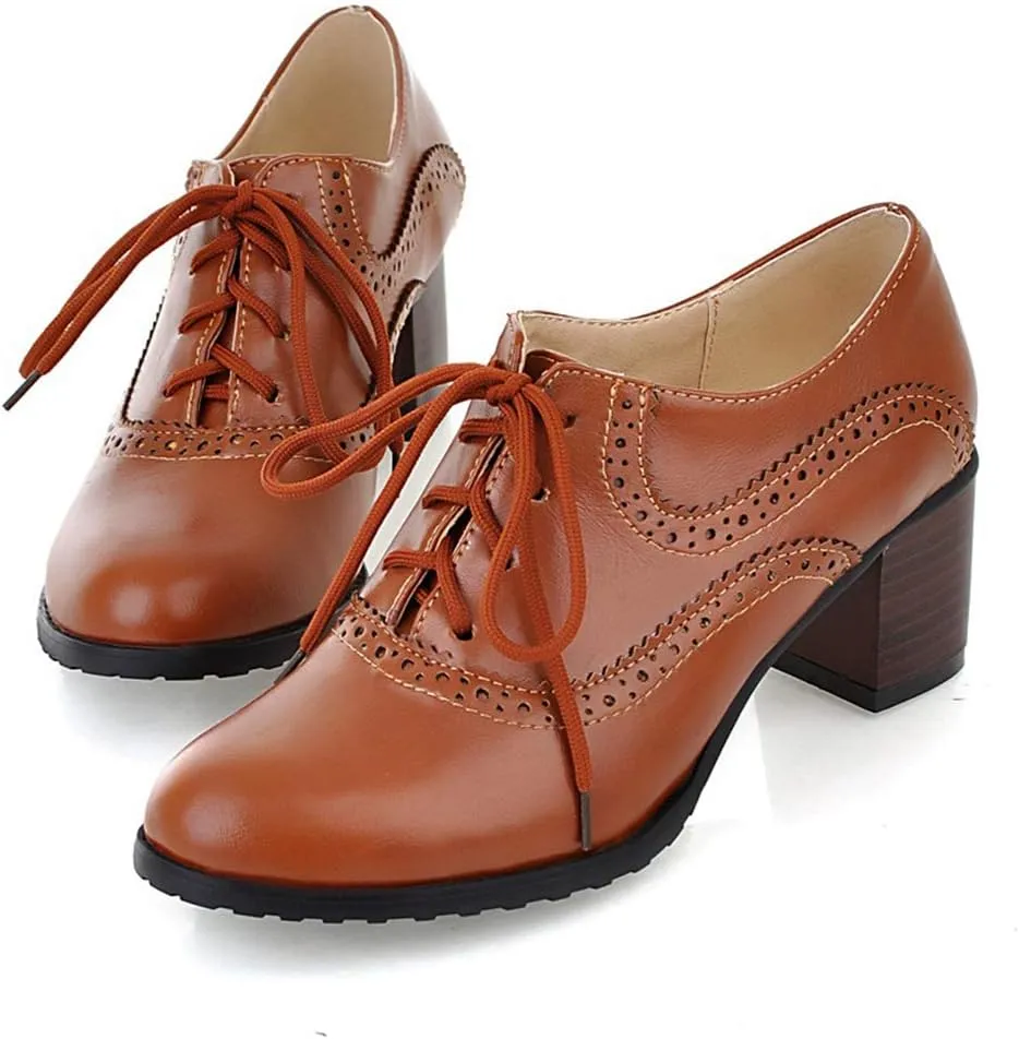 MIOKE Women's Vintage Pump Oxfords Brogues Lace Up Wingtip Perforated Chunky Mid Block Heel Dress Shoes