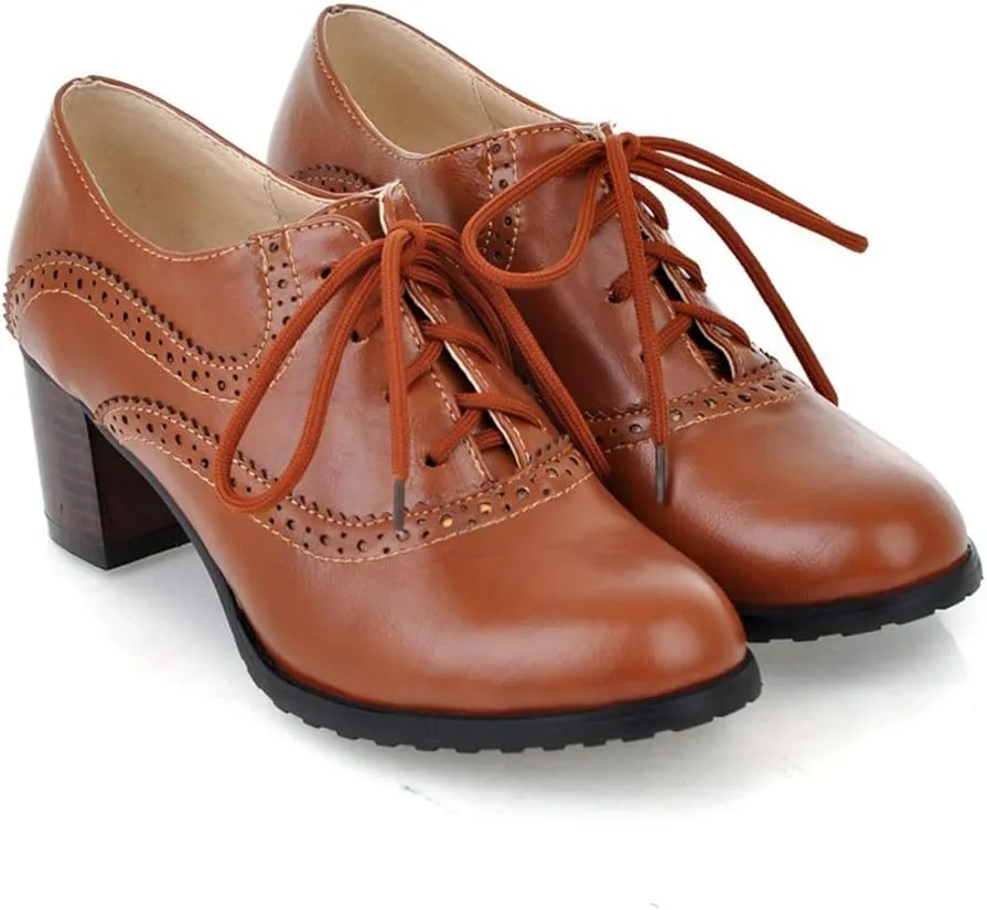 MIOKE Women's Vintage Pump Oxfords Brogues Lace Up Wingtip Perforated Chunky Mid Block Heel Dress Shoes