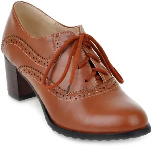 MIOKE Women's Vintage Pump Oxfords Brogues Lace Up Wingtip Perforated Chunky Mid Block Heel Dress Shoes
