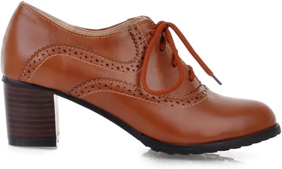 MIOKE Women's Vintage Pump Oxfords Brogues Lace Up Wingtip Perforated Chunky Mid Block Heel Dress Shoes