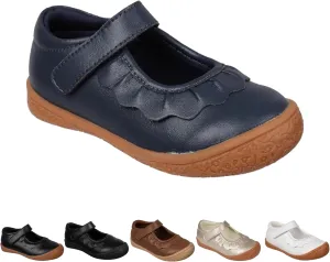 Oomphies Amina Leather Mary Jane Shoes for Girls  Ruffled Dress Shoes with Hook & Loop Closure, Soft Cushion Footbed