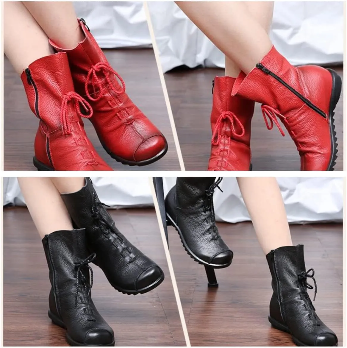 pearlzone Womens Genuine Leather Casual Soft Flat Boots,Renaissance Natural Leather Handmade Historical Shoes