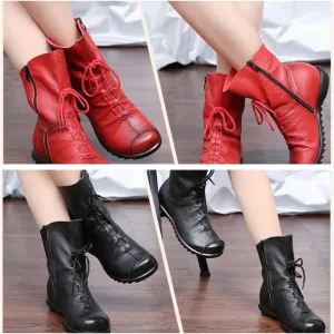 pearlzone Womens Genuine Leather Casual Soft Flat Boots,Renaissance Natural Leather Handmade Historical Shoes