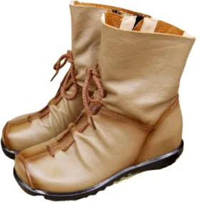 pearlzone Womens Genuine Leather Casual Soft Flat Boots,Renaissance Natural Leather Handmade Historical Shoes