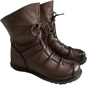 pearlzone Womens Genuine Leather Casual Soft Flat Boots,Renaissance Natural Leather Handmade Historical Shoes