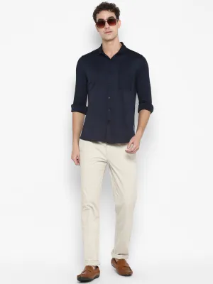 Polyester Spandex Navy Blue Solid Slim Fit Casual Shirt
