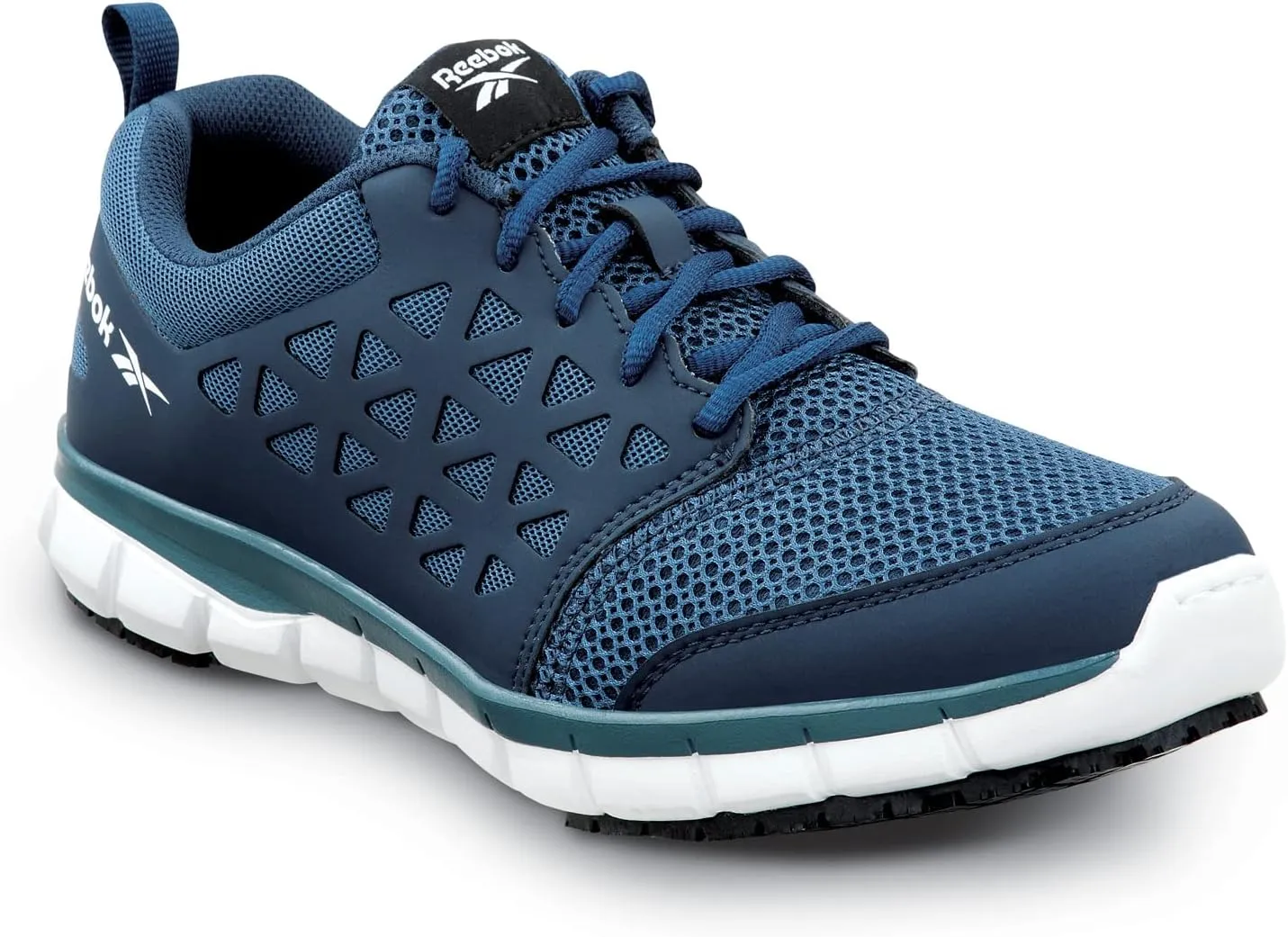 Reebok Work Sublite Cushion Work, Men's, Navy, Athletic Style, MaxTrax Slip Resistant, Soft Toe Work Shoe